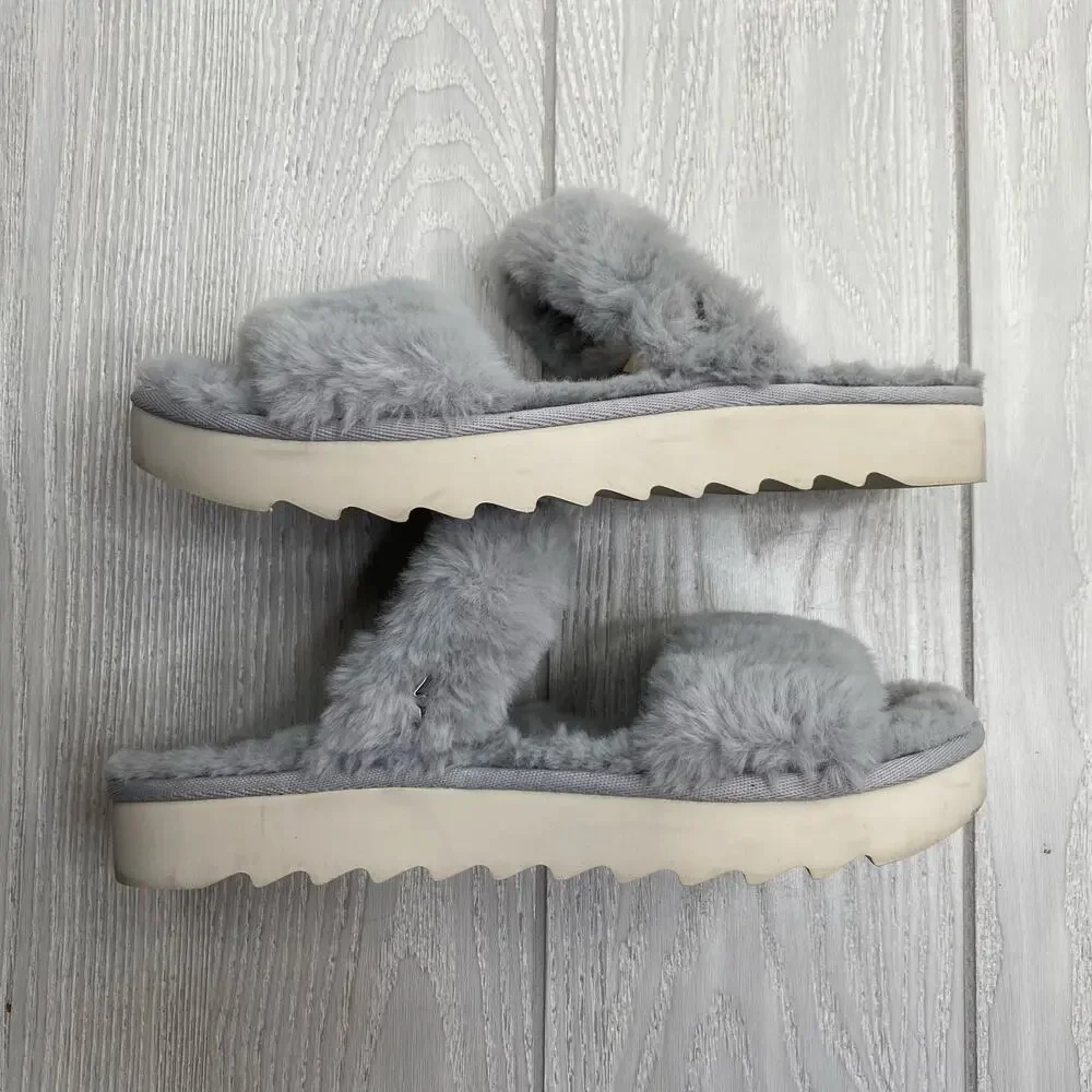 Koolaburra by UGG Wild Dove Gray Faux Fur Double Strap Slide Sandals Size 8